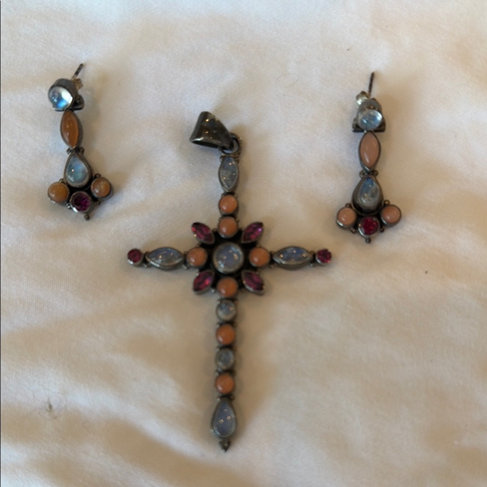 Nicky Butler Multistone Cross Pendant and Drop Earrings in Blue, Peach, and Pink